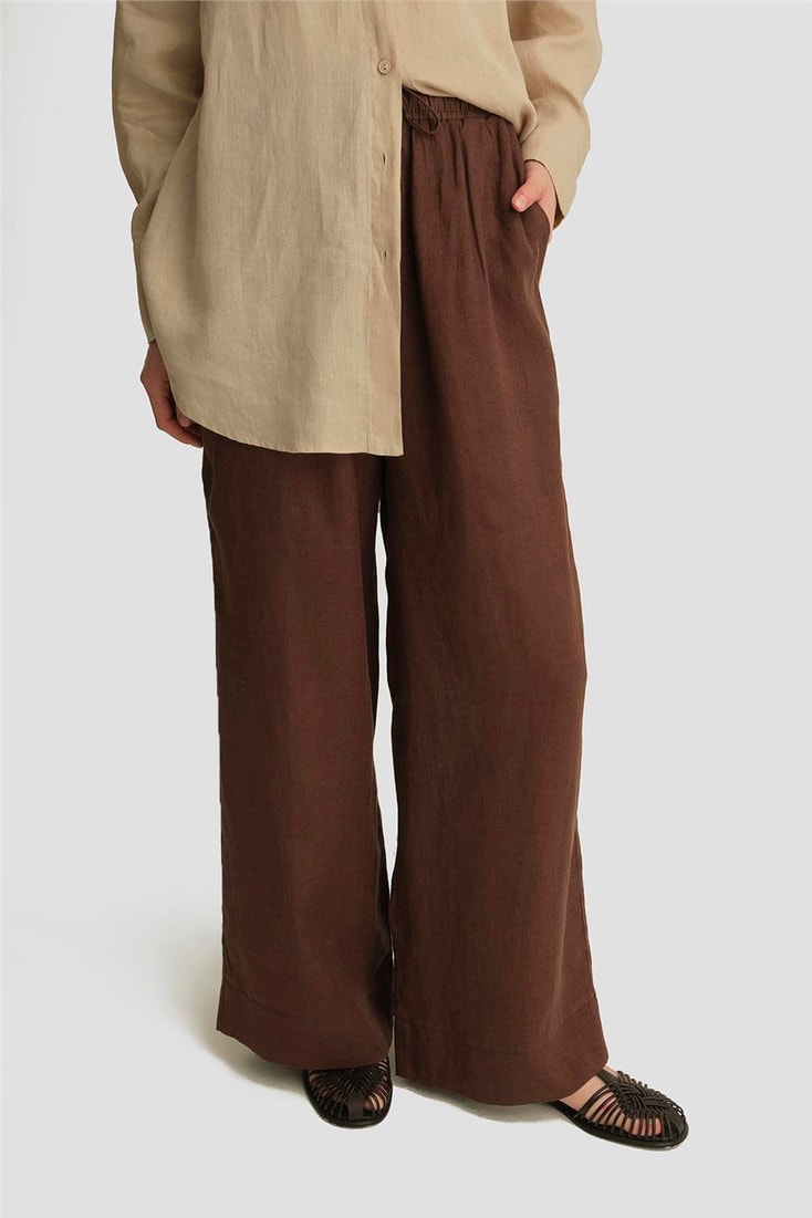 Armine Keten Palazzo Pantolon 25YD4231-2 Acı Kahve