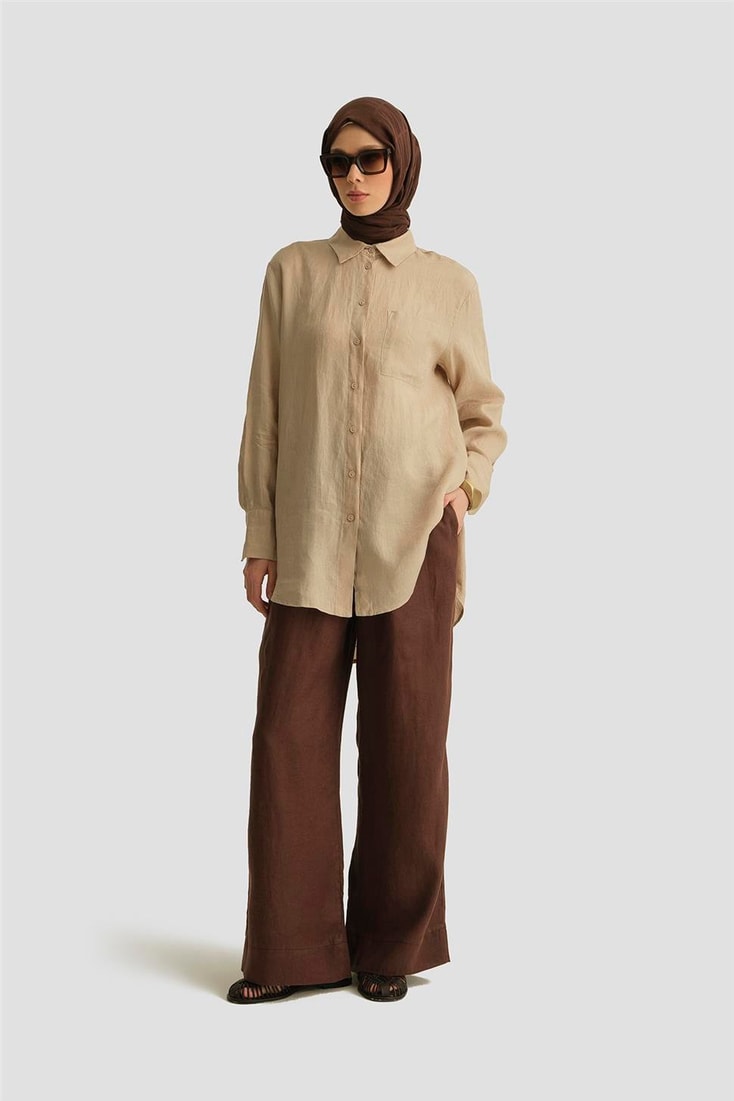 Armine Keten Palazzo Pantolon 25YD4231-2 Acı Kahve