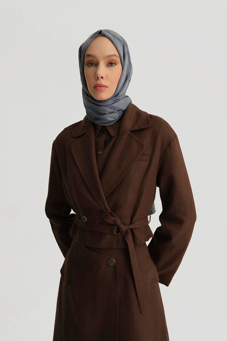 Armine Kruvaze Detaylı Keten Takım 25Y6011 Kahverengi