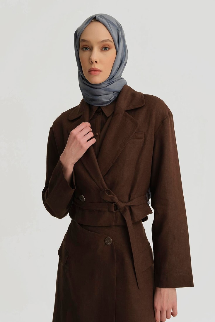 Armine Kruvaze Detaylı Keten Takım 25Y6011 Kahverengi