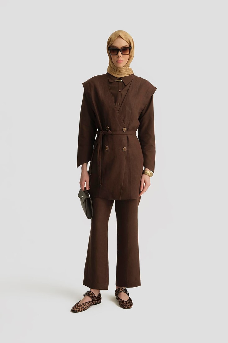 Armine Leopar Biyeli Keten Takım 25Y6018 Kahverengi