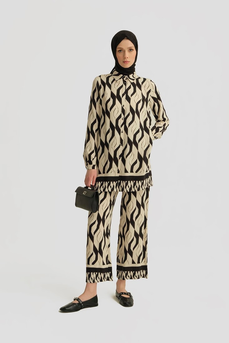 Armine Desenli Viskon Takım 25YT601 Siyah - Beyaz