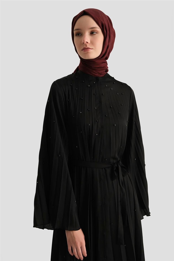 Armine Taş İşlemeli Piliseli Abaya 25Y8302 Siyah