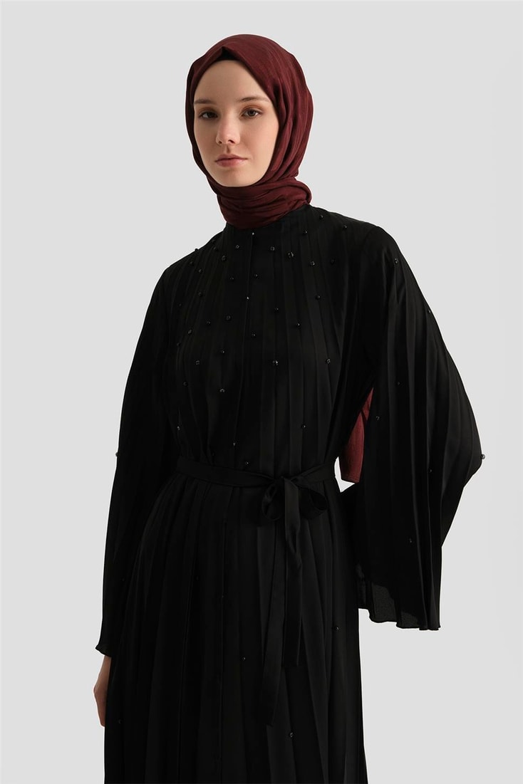 Armine Taş İşlemeli Piliseli Abaya 25Y8302 Siyah