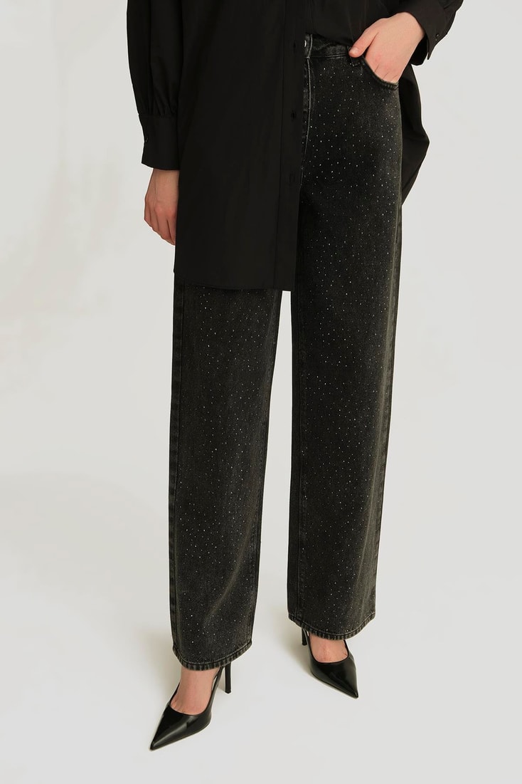 Armine Taş İşlemeli Wide Leg Denim Pantolon 25YD9132 Antrasit