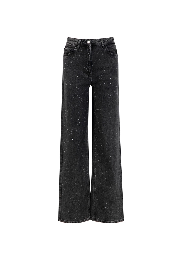 Armine Taş İşlemeli Wide Leg Denim Pantolon 25YD9132 Antrasit