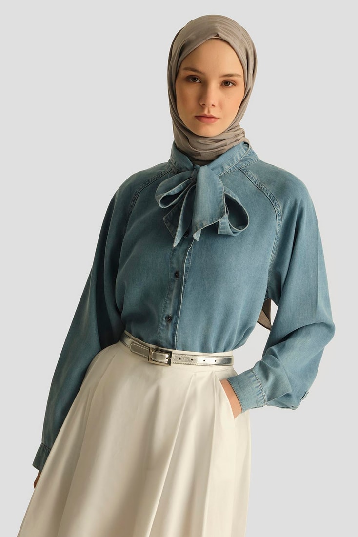 Armine Fular Detaylı Tencel Gömlek  25YD9144 İndigo