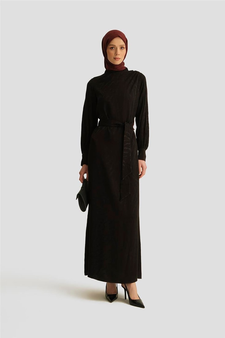 Armine Desenli Saten Elbise 25YT920 Siyah