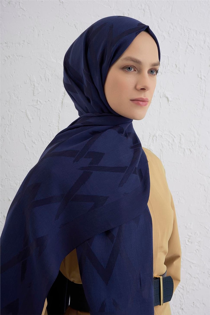 Armine Lyocell Naia Zikzak Desen Şal  1- 02 Lacivert