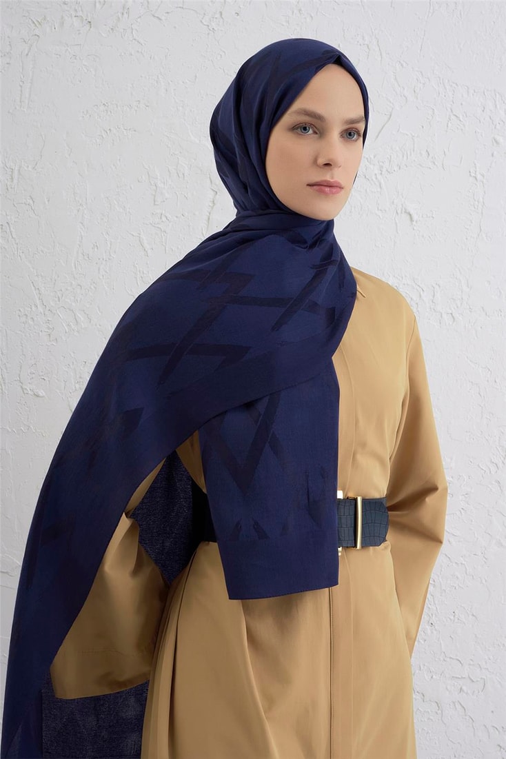 Armine Lyocell Naia Zikzak Desen Şal  1- 02 Lacivert