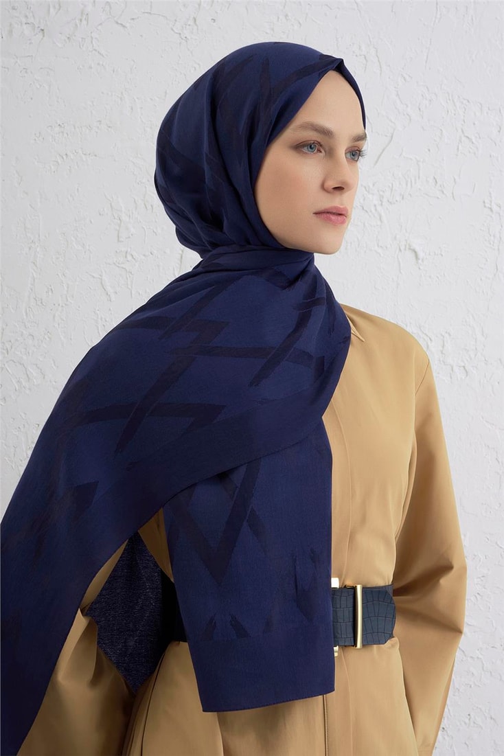 Armine Lyocell Naia Zikzak Desen Şal  1- 02 Lacivert