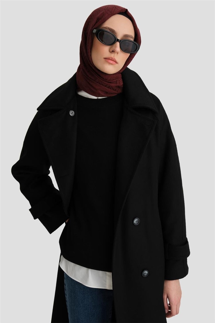 Armine Kruvaze Oversıze Kaban 24KH7614 Siyah
