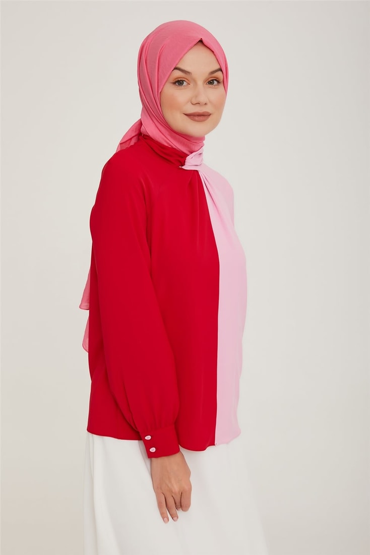 Armine Two-Tone Collar Detailed Blouse 22K3200 Pink