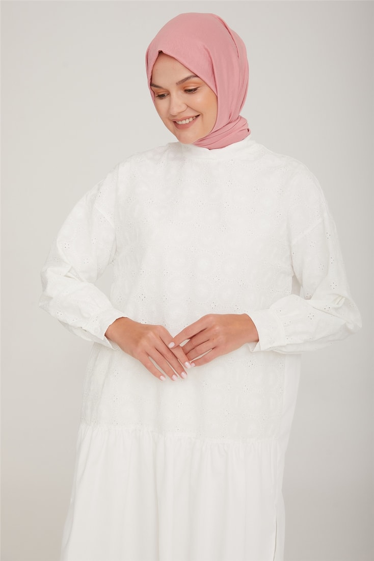 Armine Etek Ucu Büzgülü Brode Tunik 23Y4850 Ekru
