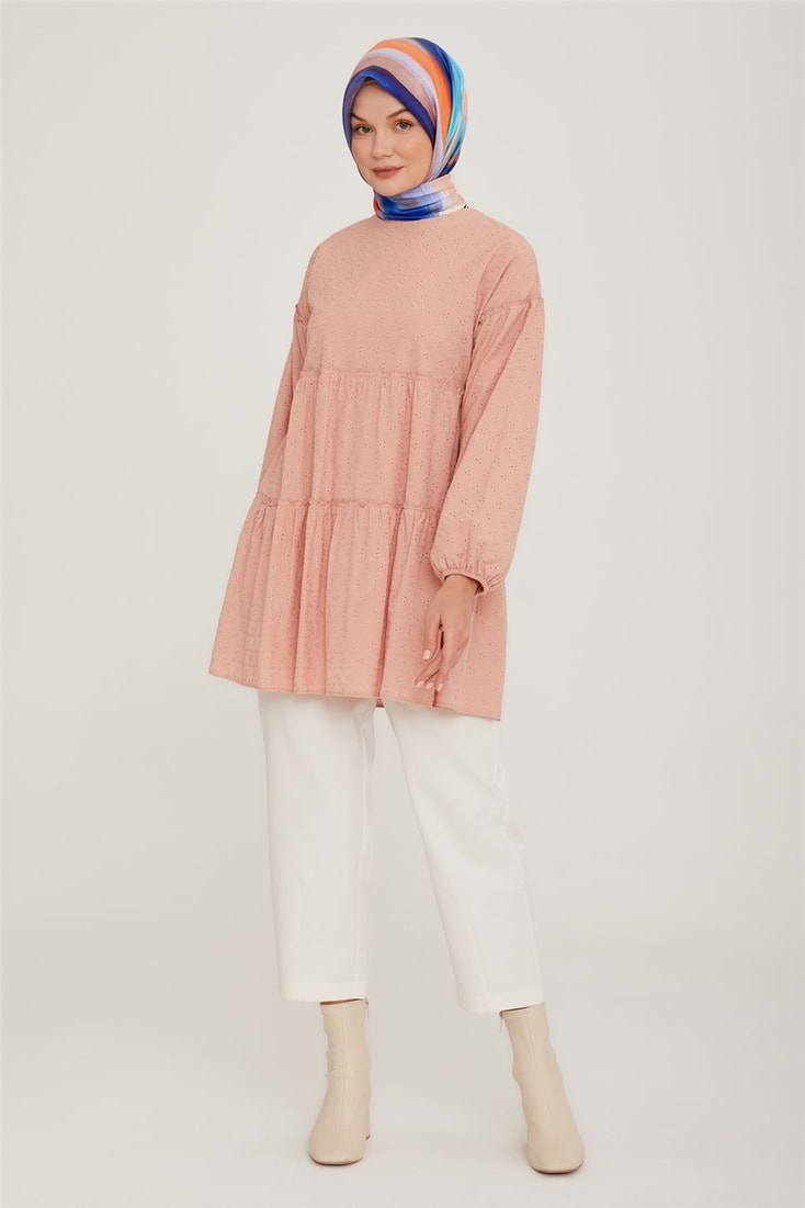 Armine Katlı Brode Tunik 23Y4856 Pudra