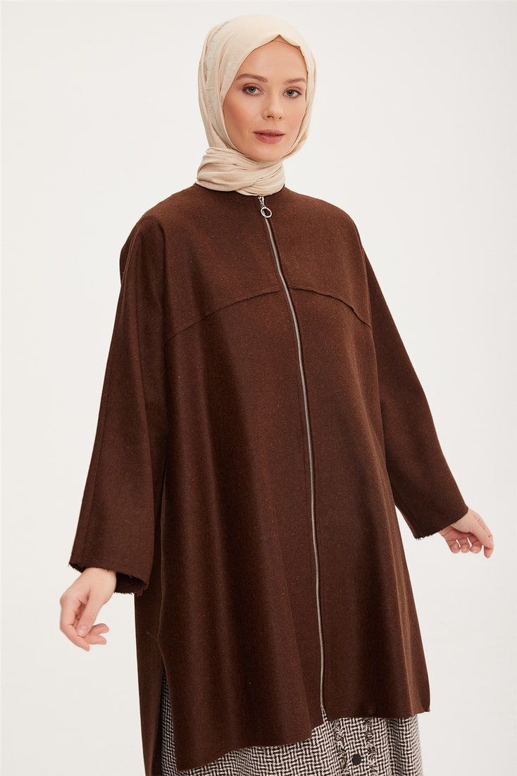 Armine Asimetrik Ve Oversize Fermuarlı Hırka 22K5915 Kahverengi