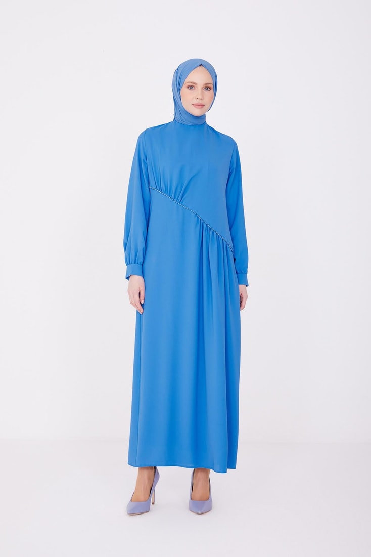 Armine Front Pleated and Beaded Asymmetrical Dress 22K9513 Cobalt