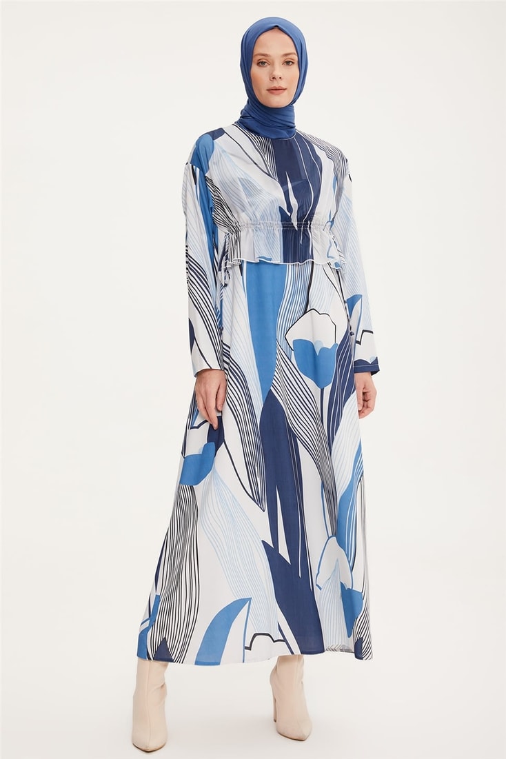 Armine Adjustable Waist Patterned Dress 22K9519 Blue