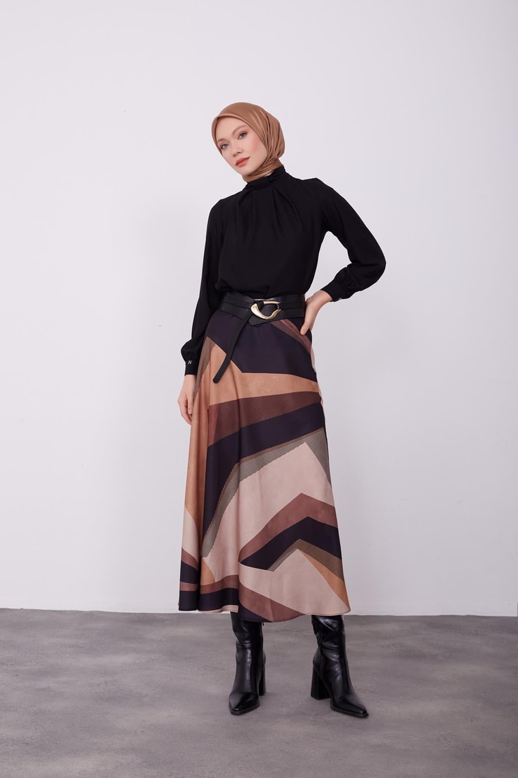 Armine Patterned Light Flared Skirt 23K1419 Beige