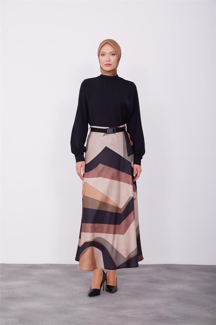 Armine Patterned Light Flared Skirt 23K1419 Beige