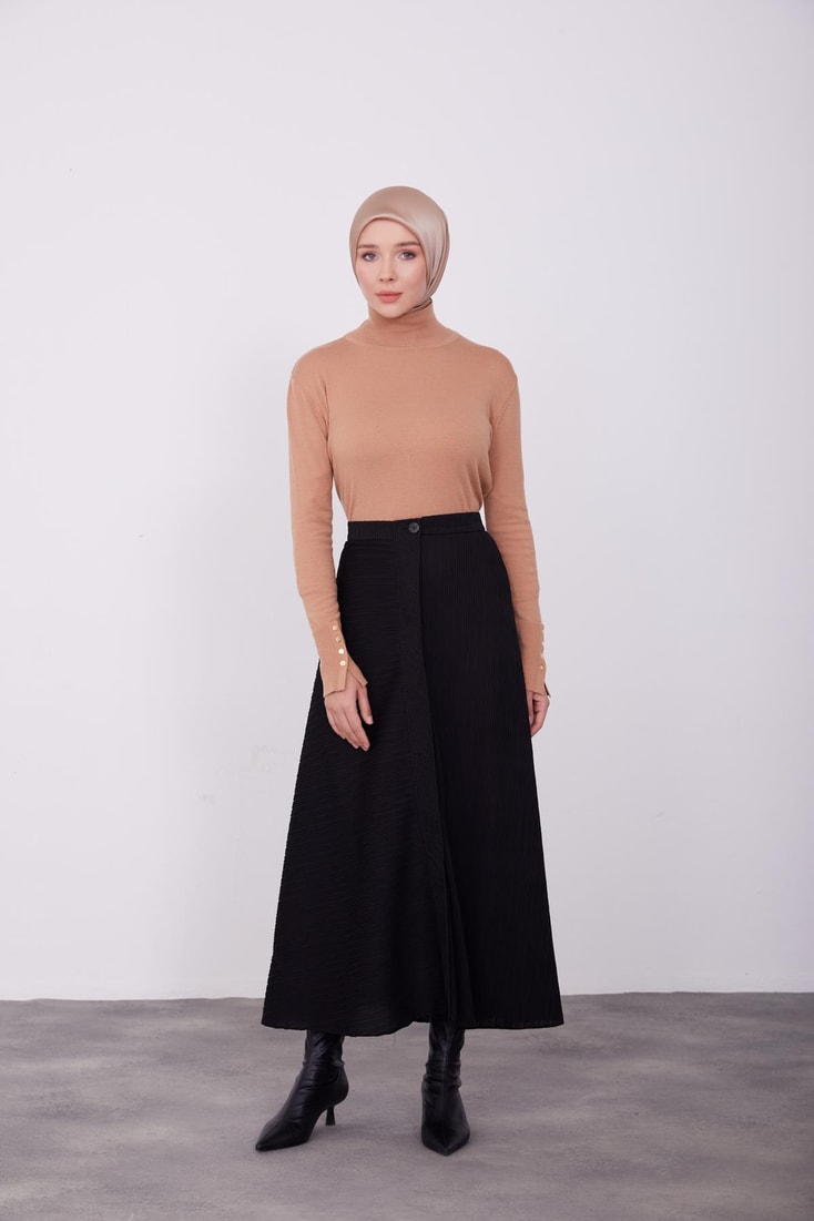 Armine Front Placket Detailed Fabric Bias Skirt 23K1433 Black