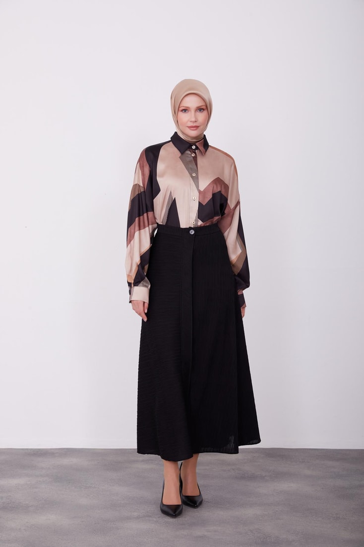 Armine Front Placket Detailed Fabric Bias Skirt 23K1433 Black