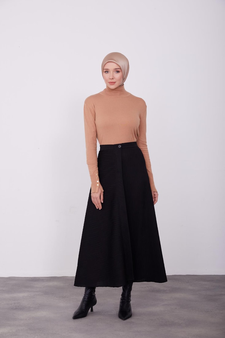 Armine Front Placket Detailed Fabric Bias Skirt 23K1433 Black