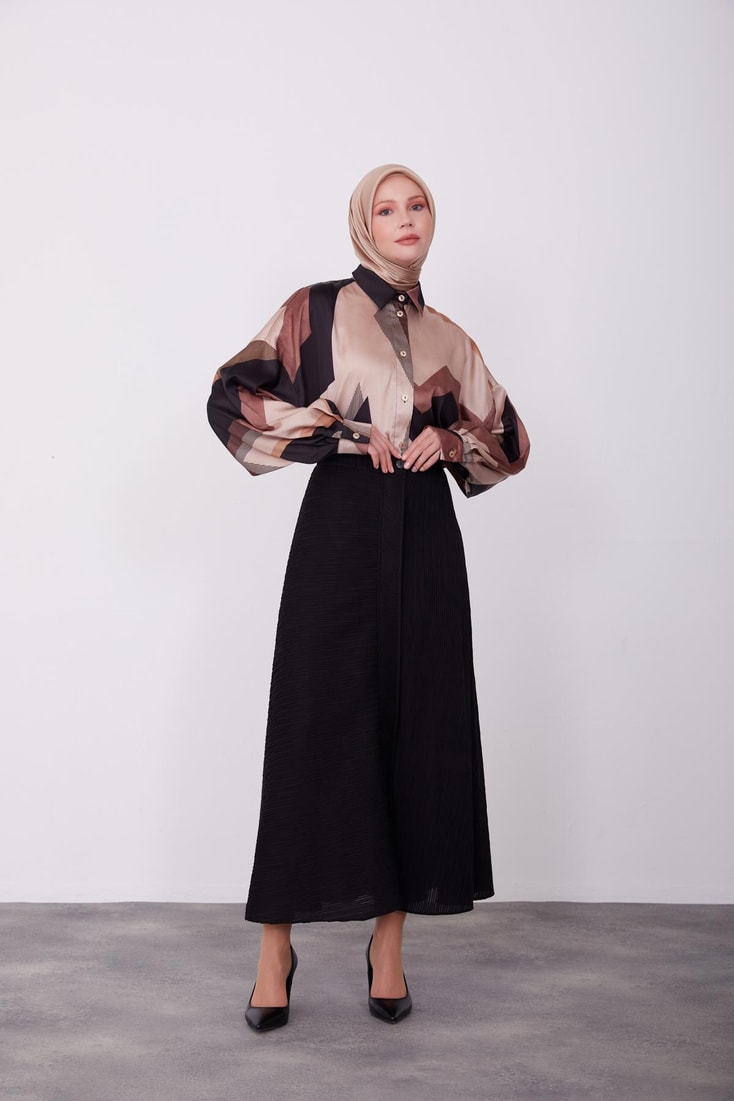 Armine Front Placket Detailed Fabric Bias Skirt 23K1433 Black