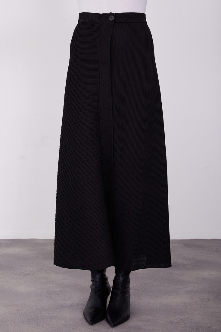 Armine Front Placket Detailed Fabric Bias Skirt 23K1433 Black