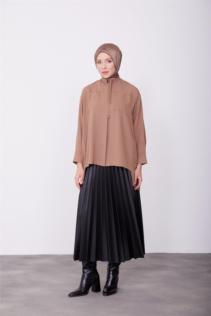 Armine Pocket Buttoned Back Pleated Shirt 23K3414 Almond