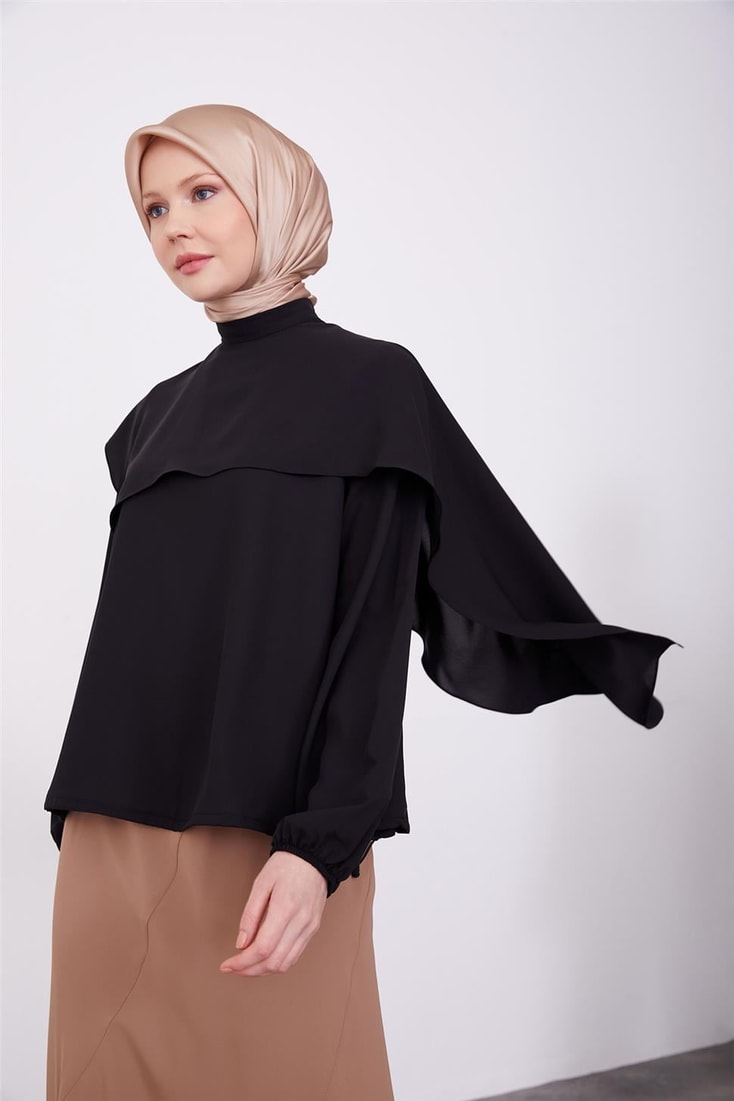 Armine Asymmetrical Aller Detailed Elastic Waist Blouse 23K3425 Black