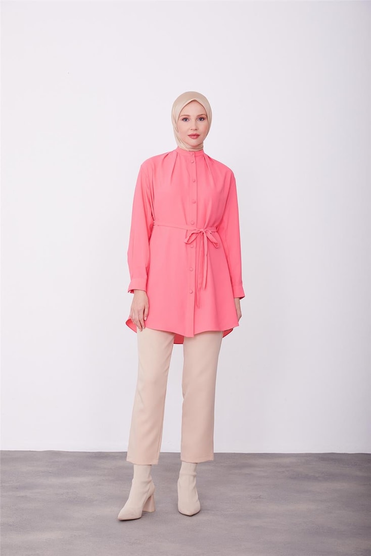 Armine Collar and Cuff Pleated Tunic 23K4717 Dark Pink