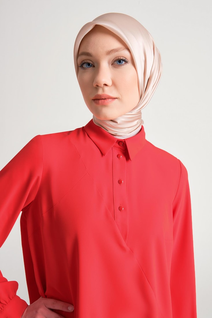 Önü düğmeli asimetrik tunik 24Y4731 Kırmızı