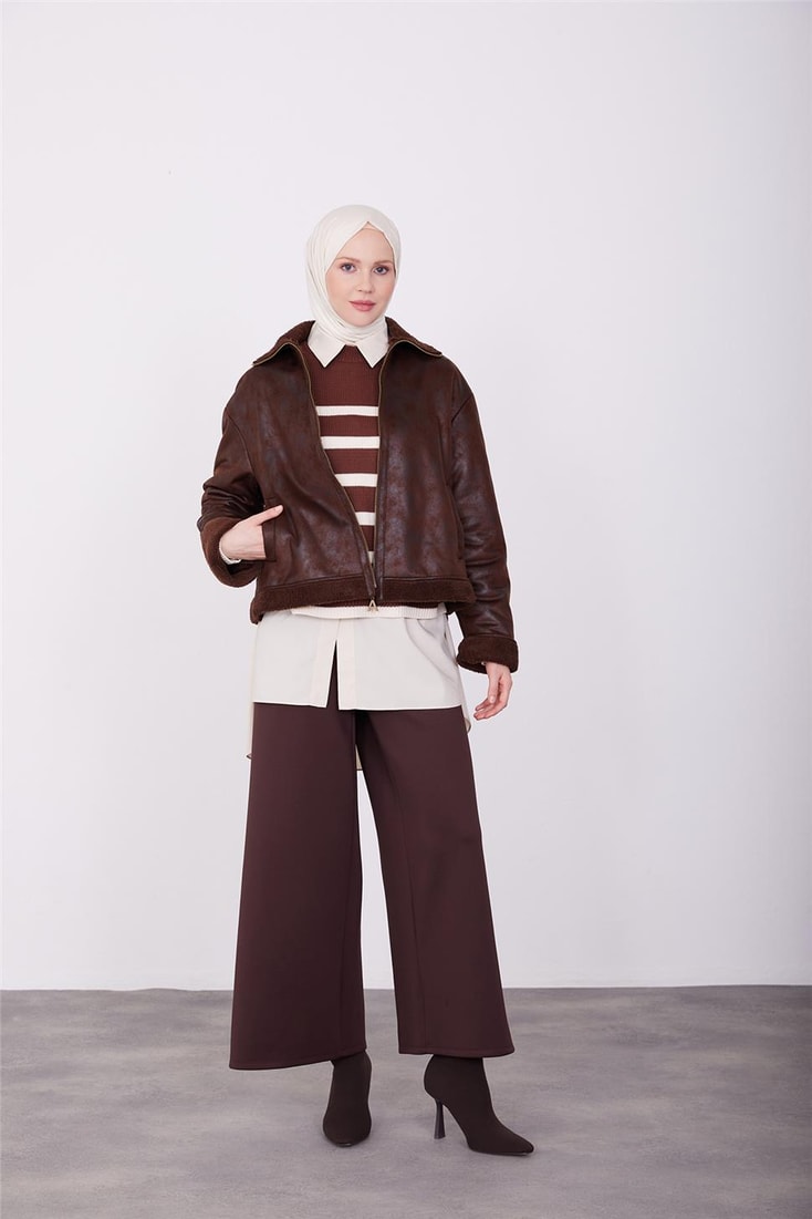 Armine Fur Lined Short Leather Jacket 23K5404 Bitter Brown