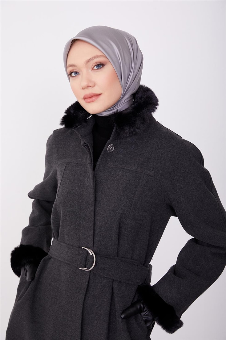 Armine Removable Furry Dart Detailed Coat 23K7213 Anthracite