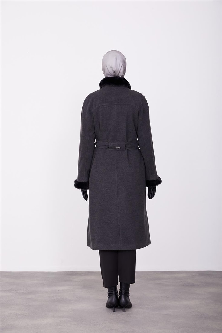 Armine Removable Furry Dart Detailed Coat 23K7213 Anthracite
