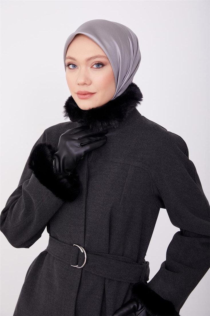 Armine Removable Furry Dart Detailed Coat 23K7213 Anthracite