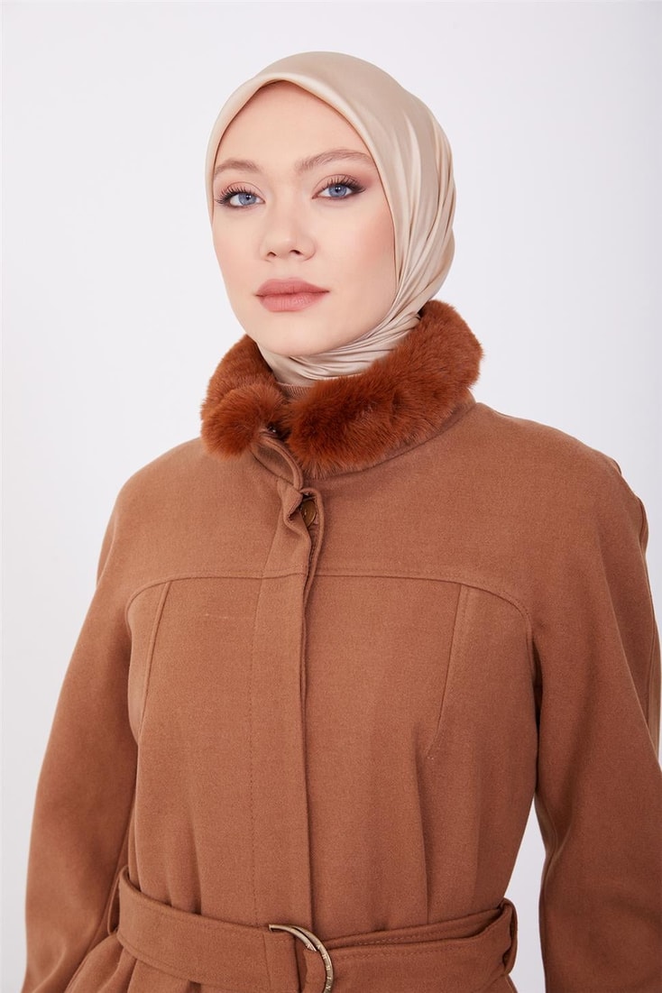 Armine Removable Furry Pliers Detailed Coat 23K7213 Tan