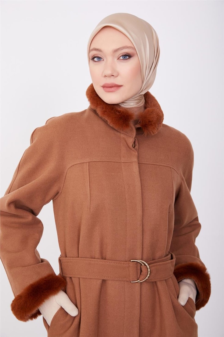Armine Removable Furry Pliers Detailed Coat 23K7213 Tan