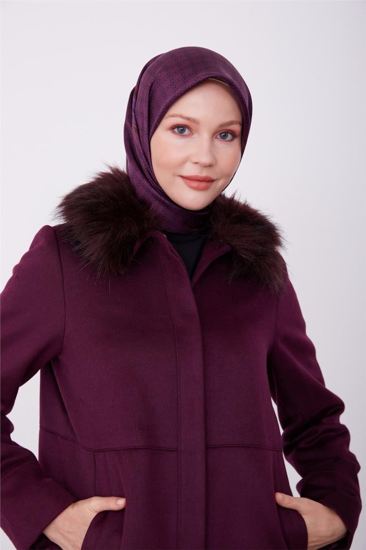 Armine Fur Collar Detailed Front Placket Coat 23K7814 Plum