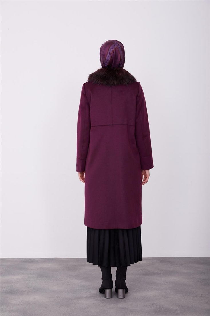 Armine Fur Collar Detailed Front Placket Coat 23K7814 Plum