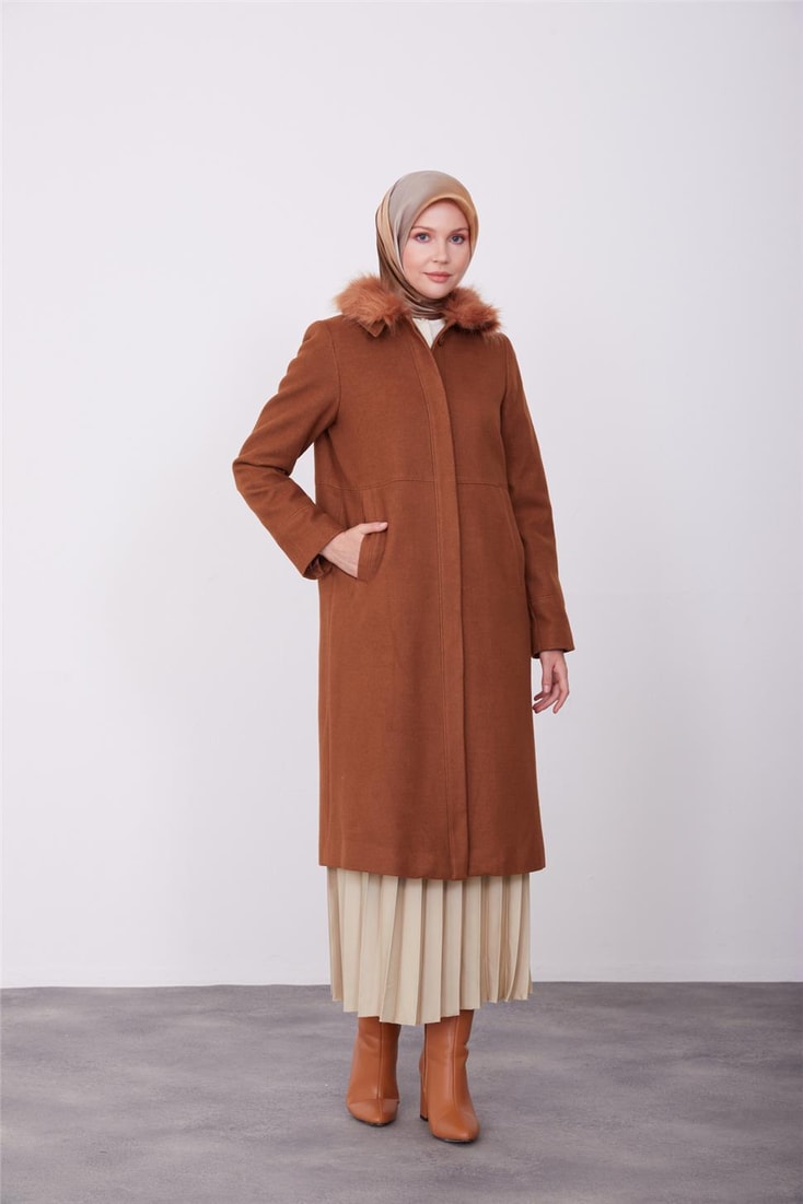 Armine Fur Collar Detailed Front Placket Coat 23K7814 Tan