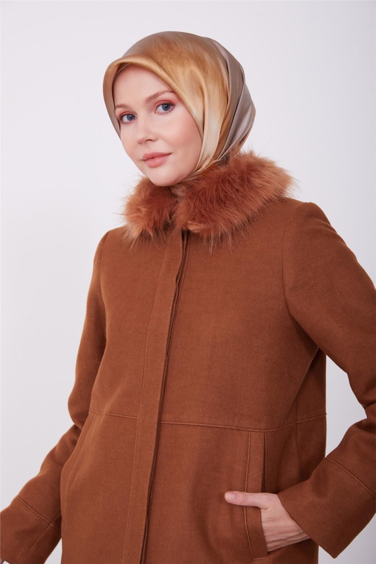 Armine Fur Collar Detailed Front Placket Coat 23K7814 Tan