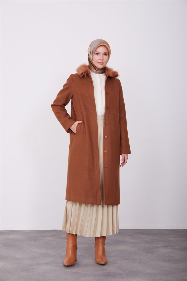 Armine Fur Collar Detailed Front Placket Coat 23K7814 Tan