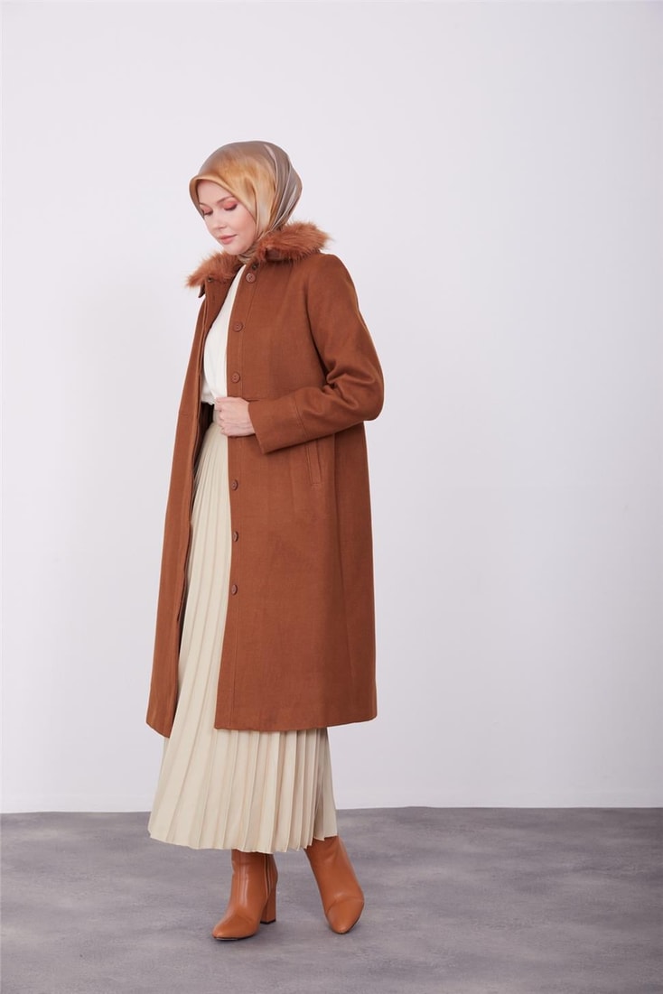 Armine Fur Collar Detailed Front Placket Coat 23K7814 Tan