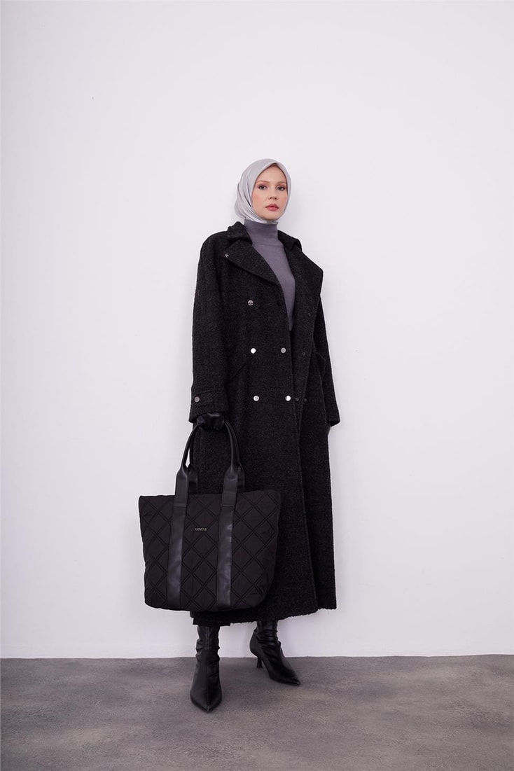 Armine Fabric Furry Snap Detail Coat 23K8609 Black