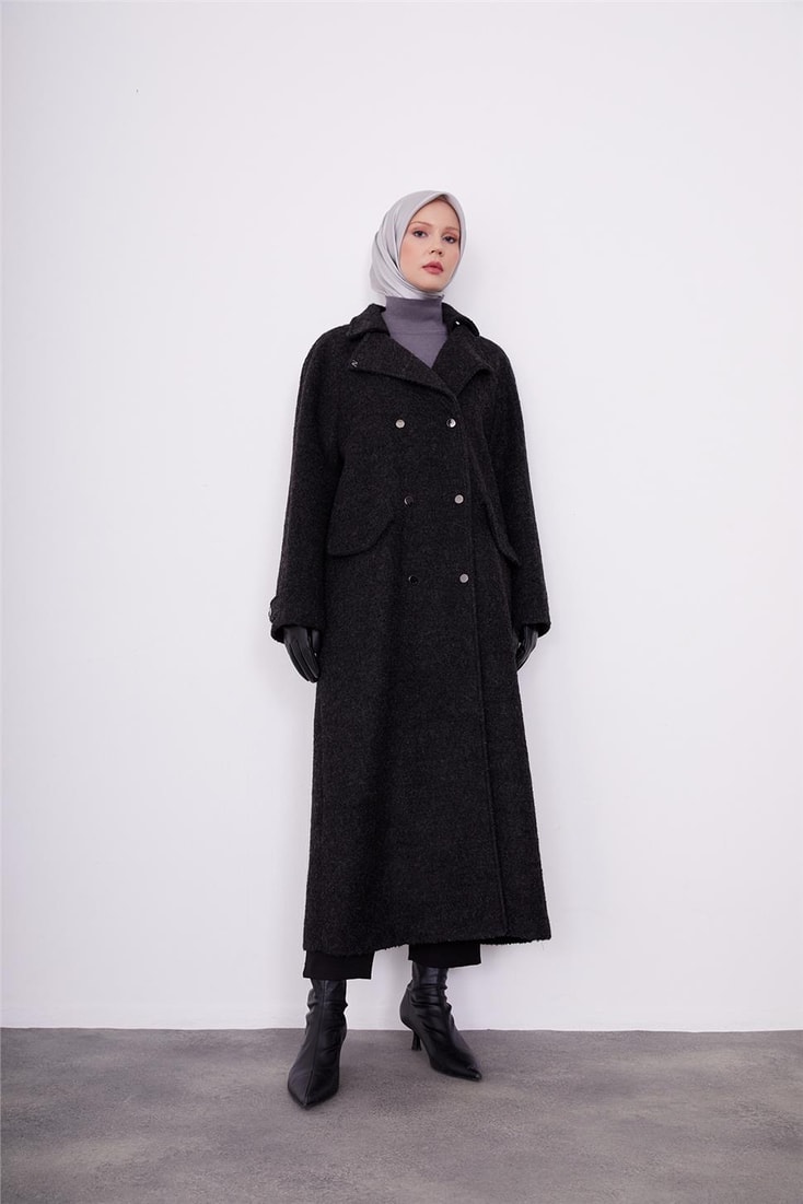 Armine Fabric Furry Snap Detail Coat 23K8609 Black