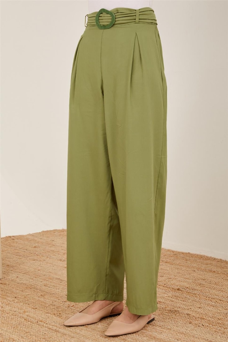 Armine Belt Pleated Wide Viscose Trousers 23Y2421 Khaki