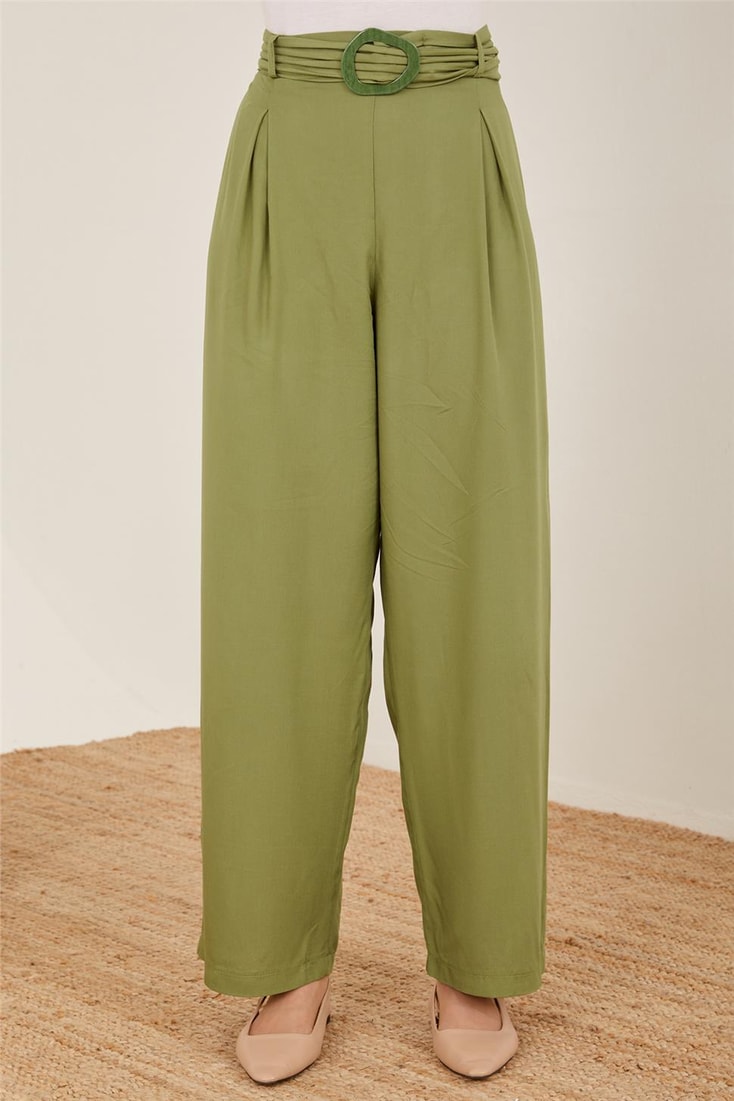 Armine Belt Pleated Wide Viscose Trousers 23Y2421 Khaki