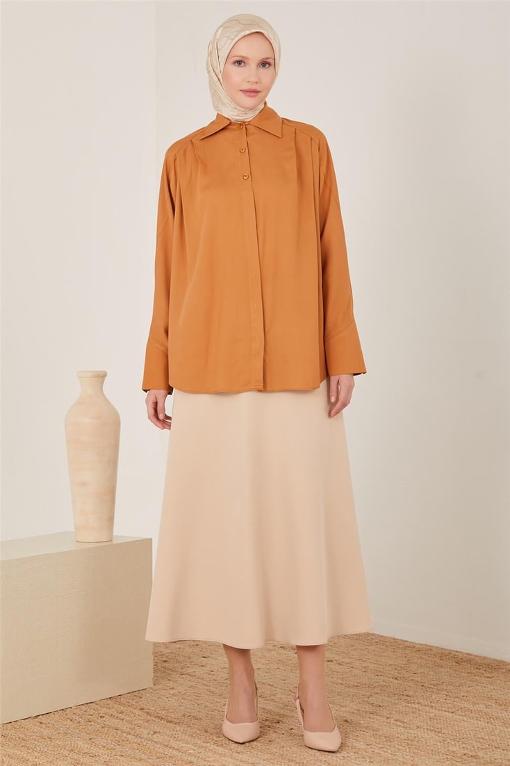 Armine Front Asymmetrical Cobalt and Pleated Shirt 23Y3321 Chocolate